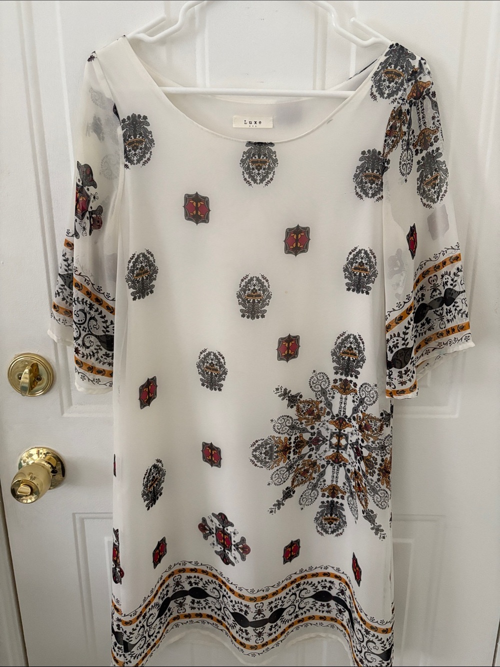 Luxe Cream Chiffon Mini Dress with Black and Brown Medallion Print